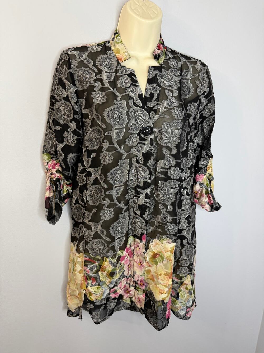 CITRON Santa Monic Silk Blend Black Multicolored Floral Tunic Top Women's XS